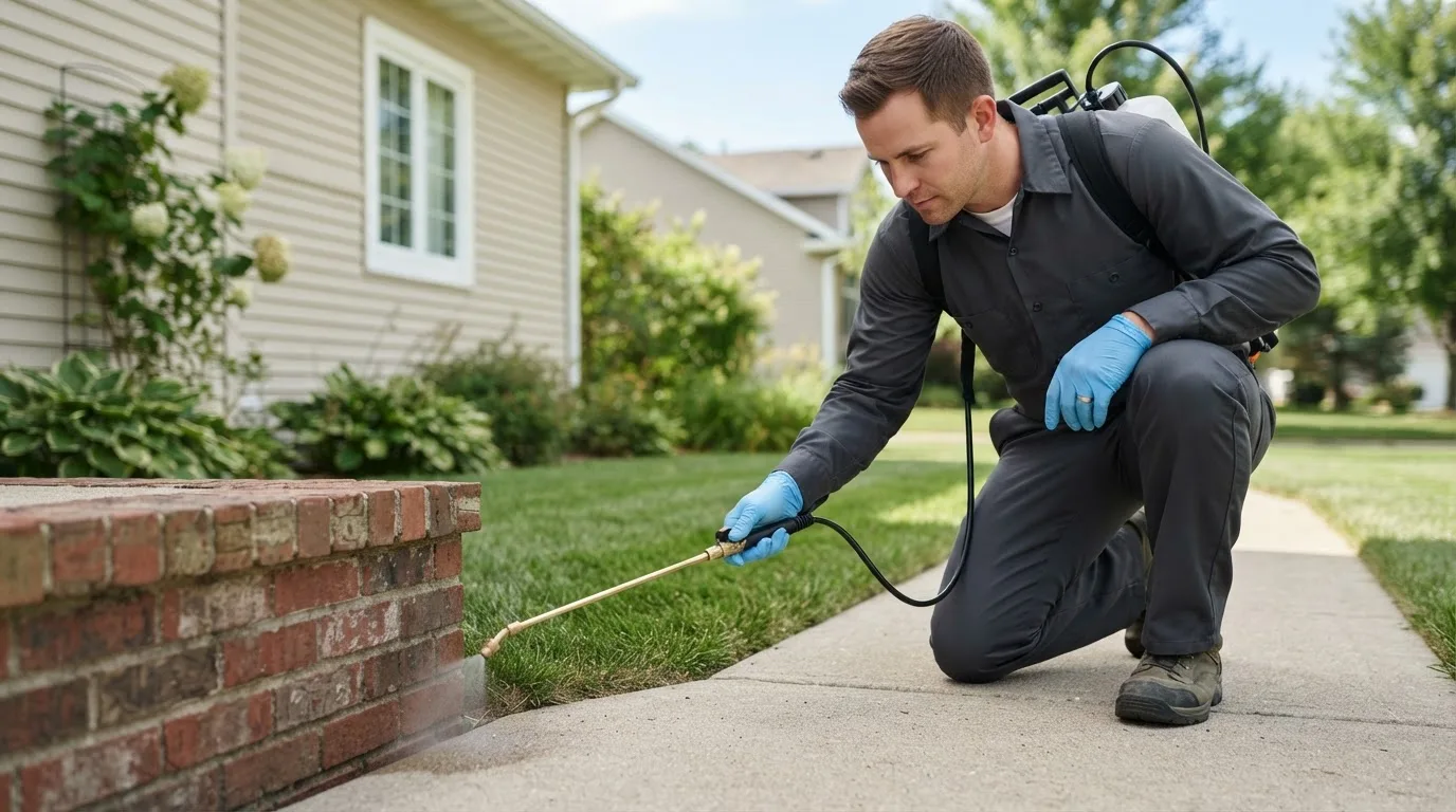 Pest control technician treating a home in Massachusetts